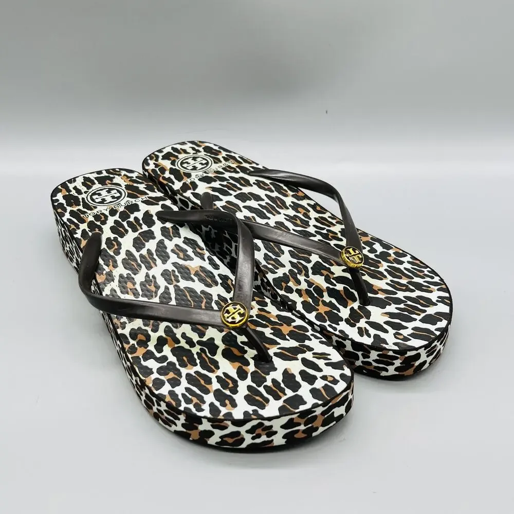 Tory Burch Sandals Womens 9 Brown Rubber Leopard Flip Flop Thong Wedge Shoes